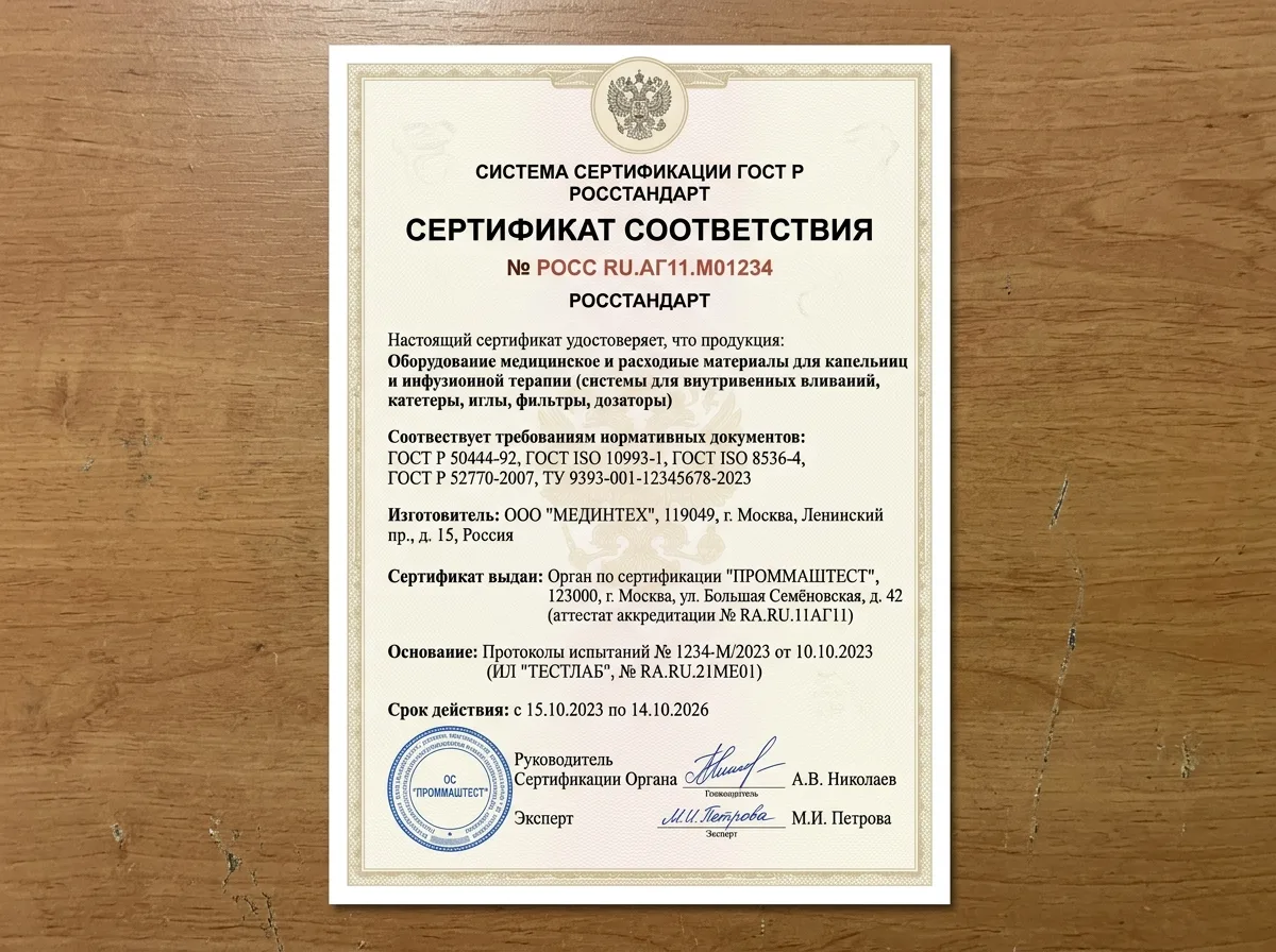 Сертификат соответствия медицинского оборудования и расходных материалов, используемых при капельницах и инфузионной терапии, официальный документ