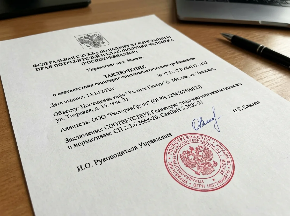Заключение Роспотребнадзора о соответствии санитарно-эпидемиологическим требованиям, официальный документ с гербовой печатью